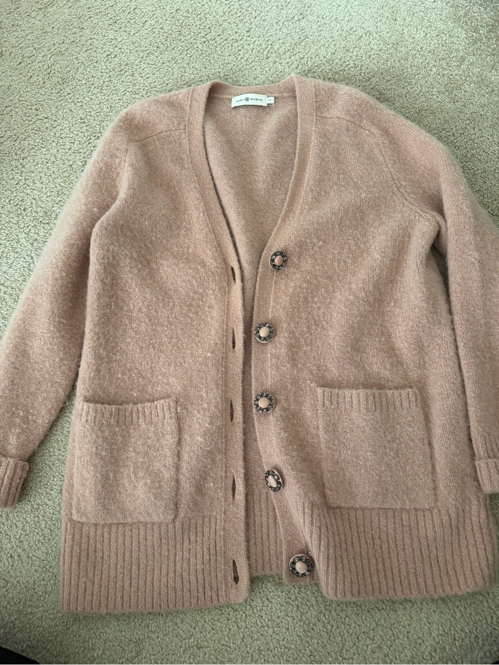 Tory Burch Camel Jewel Button Front Wool-Blend Cardigan